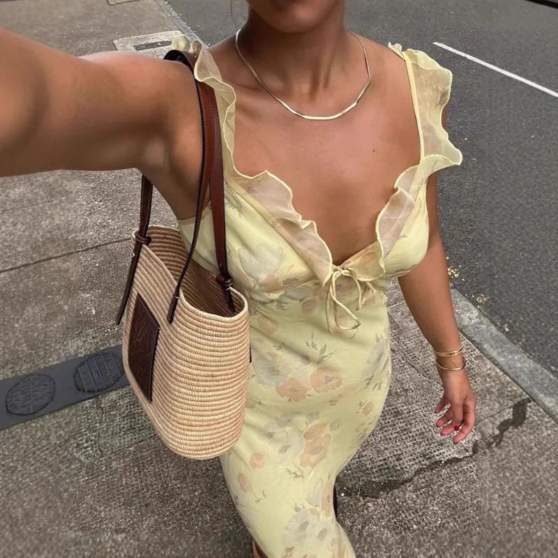 Summer Flower Printed Women's Sexy Low-cut Dress Sleeveless Backless Slim Sling Dresses 2025 Beach Vacation Lady Vestidos - Image 3