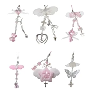 Sweet Bowknot Pendant Phone Chain Rope Wing Keychain Handmade Cellphone Strap Lanyard Acrylic Keyring Bag Ornament
