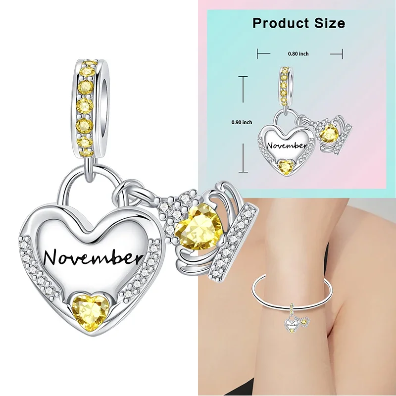 925 Sterling Silver 12 Months Birthstone Heart-shaped Beads Charms Fit Original Bracelet Charm Beads Necklace Diy Female Jewelry - Image 10