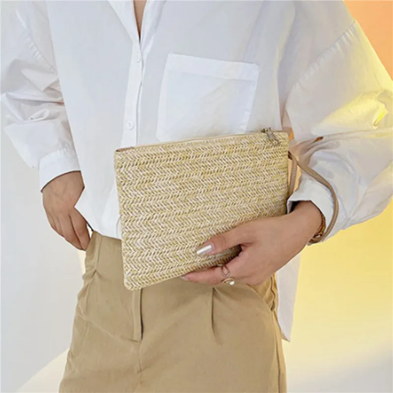 Women Clutch Bag Handmade Backpack Fashion Ladies Wristlet Girl Phone Solid Straw Woven Coin Purse Beach Wallet Fresh Sweet - Image 2