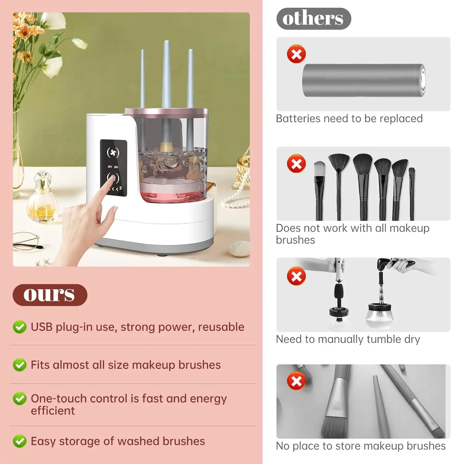 3 IN 1 Electric Makeup Brush Cleaner Machine With Makeup Brush Dryer-Holder-Portable Automatic USB Cosmetic Brushes Cleaner Tool - Image 2