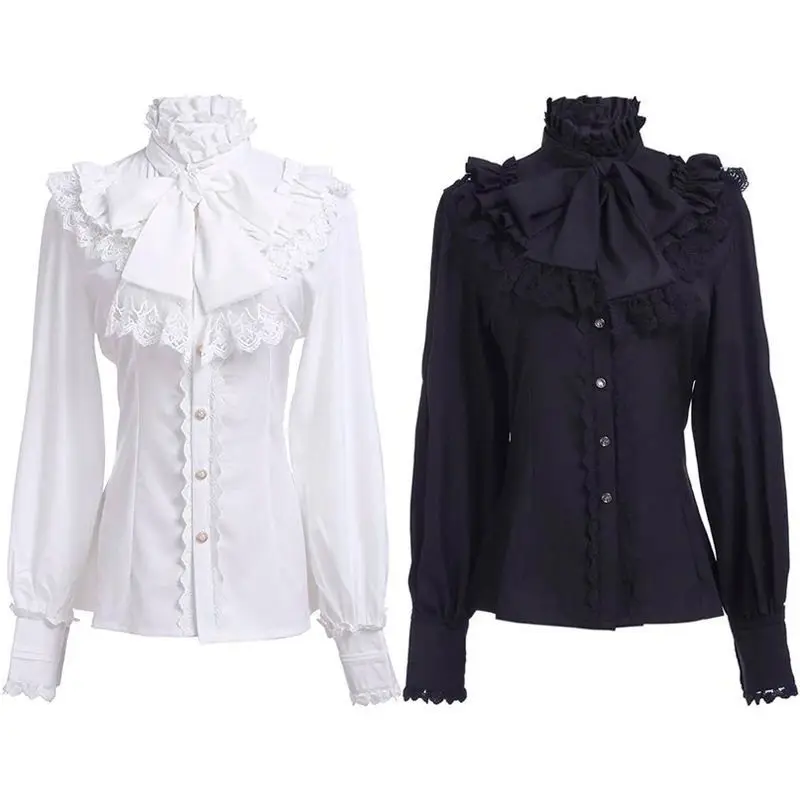 Women's Vintage Ruffle Collar Shirt 2026 Spring New Arrival High Neck Lace Trim Button Down Shirt Elegant Gothic Blouse Tops