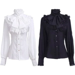 Women's Vintage Ruffle Collar Shirt 2026 Spring New Arrival High Neck Lace Trim Button Down Shirt Elegant Gothic Blouse Tops