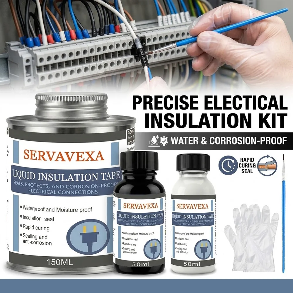 SERVAVEXA Liquid Electrical Tape Kit, Waterproof Insulation Sealant with Brush & Gloves, Rapid Curing for Outdoor Wiring