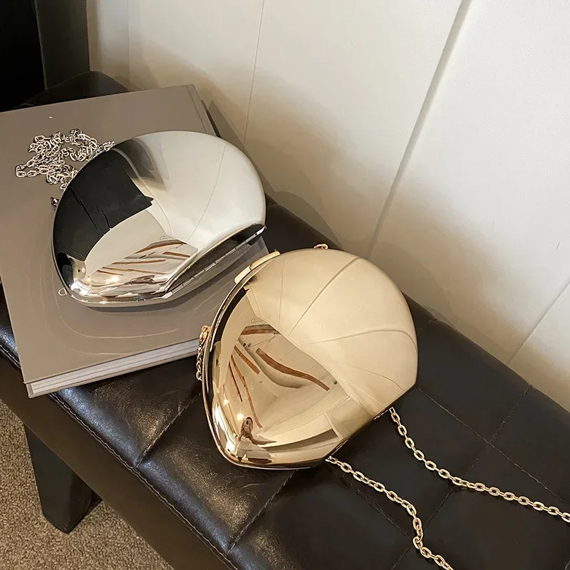 Designer Acrylic Shell Shape Clutch Bag Gold Silver Women Evening Party Bag Cute Shiny Metal Shoulder Crossbody Bags Small Purse - Image 6