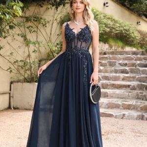 Spaghetti Straps Navy Blue A Line Evening Dresses 2025 Elegant Beaded Appliques Illusion Prom Gowns Formal Party Vestido De Gala