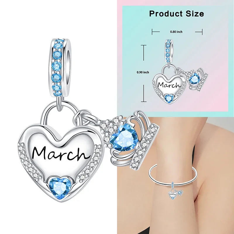 925 Sterling Silver 12 Months Birthstone Heart-shaped Beads Charms Fit Original Bracelet Charm Beads Necklace Diy Female Jewelry - Image 49