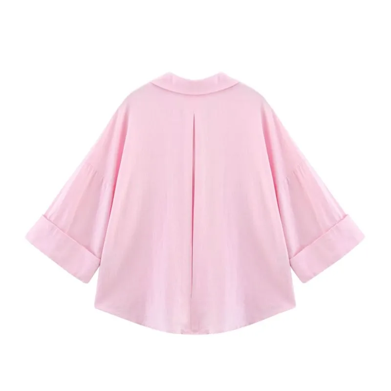 HipSeam Wide Sleeved Shirt Women Spring Asymmetric Hem Button Women's Shirts Simple Lady Johnny Collar Shirts & Blouses - Image 3