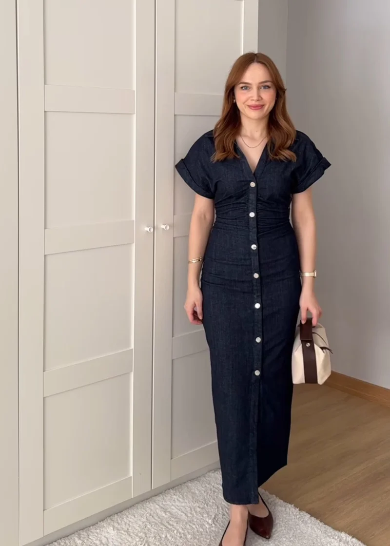 ETJ 2025 Spring New 1975 series denim MIDI dress with lapel side zipper fashion wrinkle waist slim elegant dress - Image 2