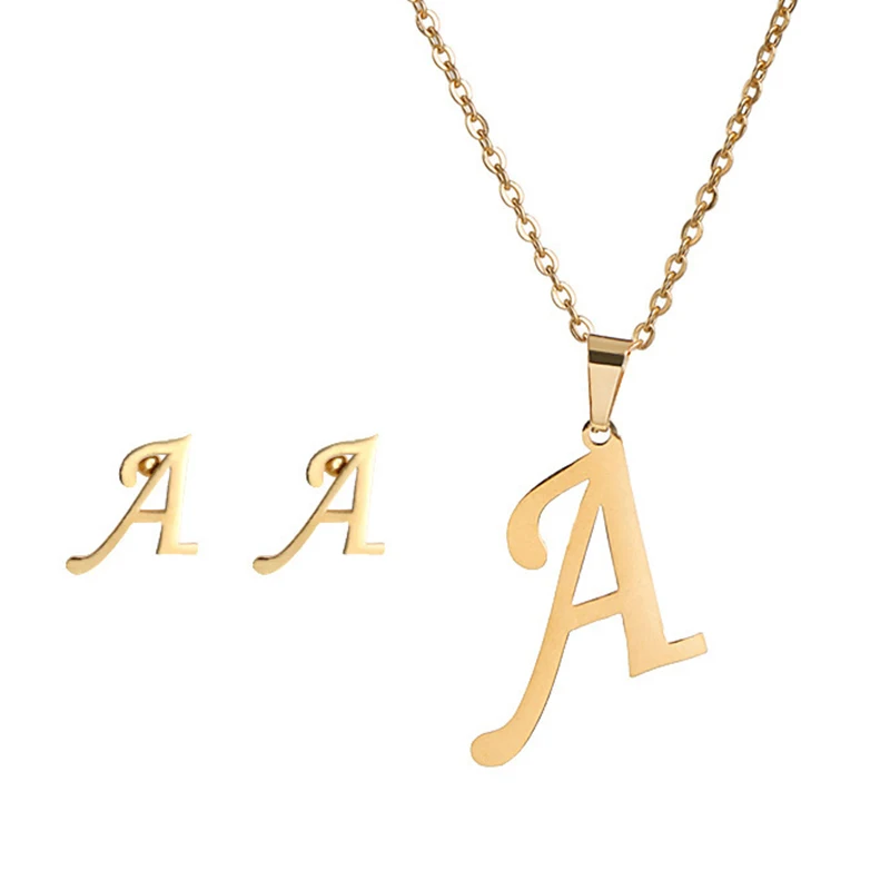 Fashion Stainless Steel Alphabet Initial Necklace 26 English Letter Earrings Necklace For Women Set Personalize Jewelry Gift - Image 12