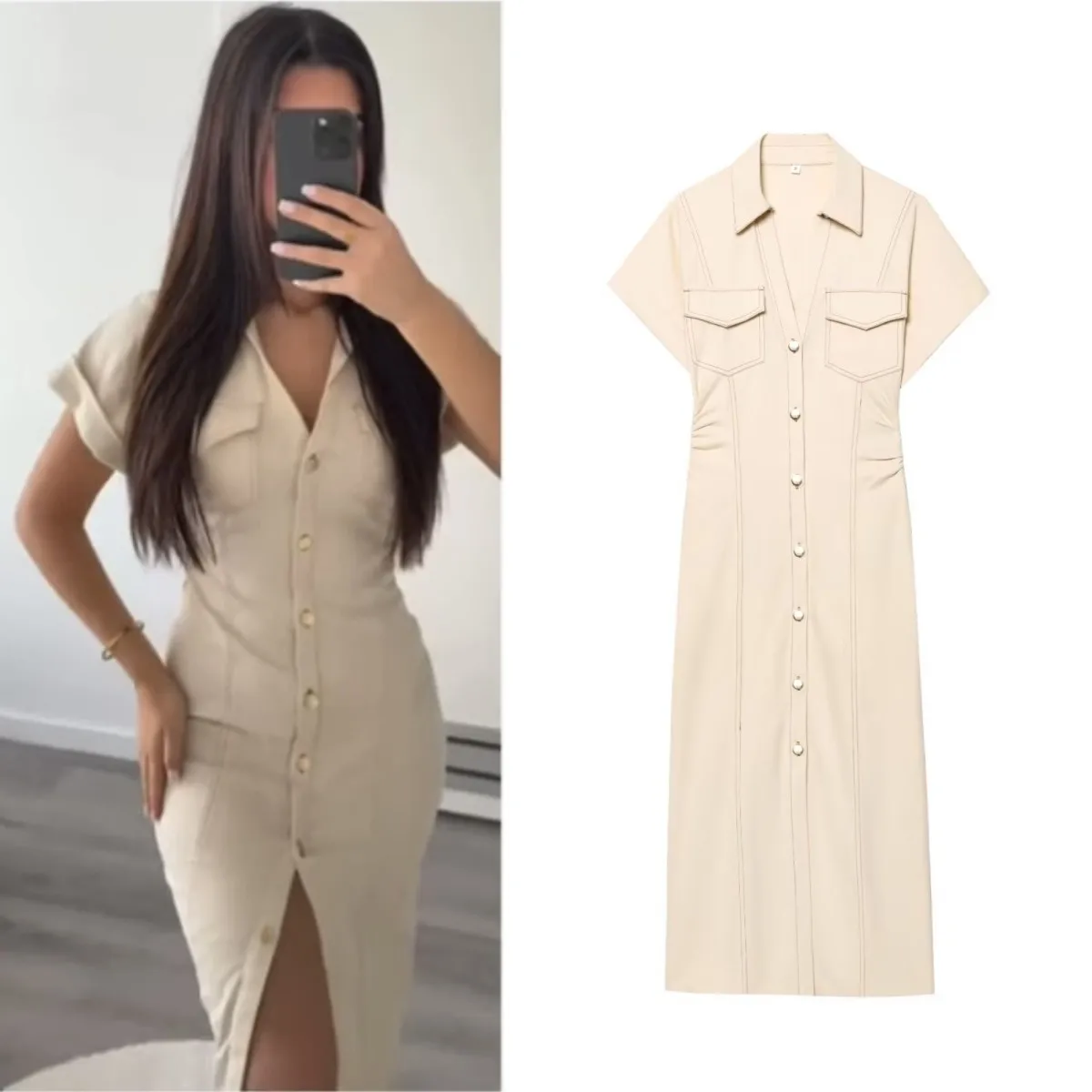 ETJ 2025 Spring New 1975 series denim MIDI dress with lapel side zipper fashion wrinkle waist slim elegant dress - Image 7