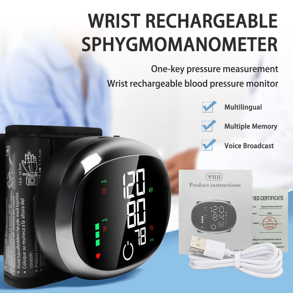 Digital Wrist Blood Pressure Meter Automatic Voice Tonometer Heart Rate Monitor Smart Touch LCD Screen Charge Sphygmomanometer - Image 2