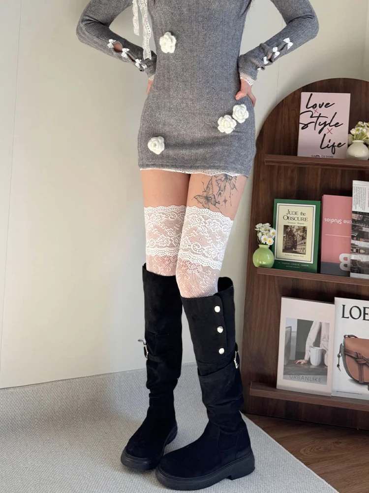 Women Fishnets Stockings Sexy Lace Fishnet Floral Knee High Socks Breathable Hollow-out JK Mesh Lolita Retro Thigh Highs Socks - Image 3