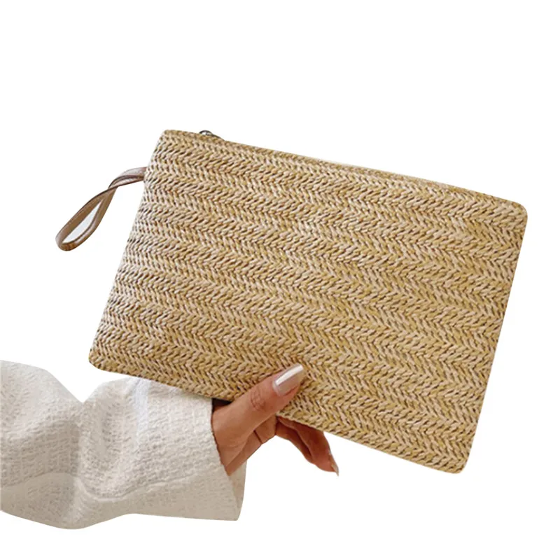 Women Clutch Bag Handmade Backpack Fashion Ladies Wristlet Girl Phone Solid Straw Woven Coin Purse Beach Wallet Fresh Sweet - Image 7