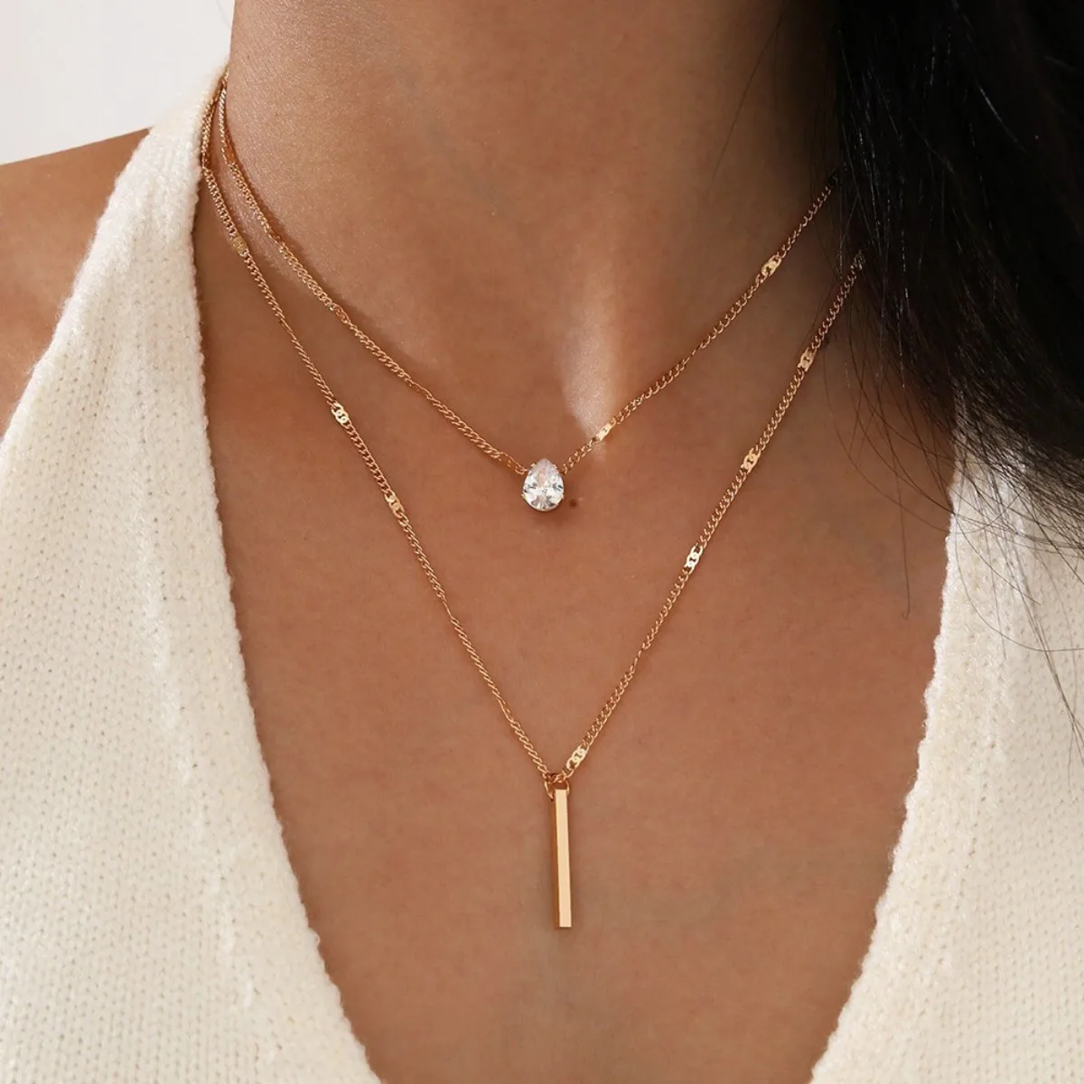 Multi-layer Five-pointed Star Heart Shape Water Drop Pendant Chain Necklace Alloy Material Glass Collarbone Chain Sexy Women New - Image 2