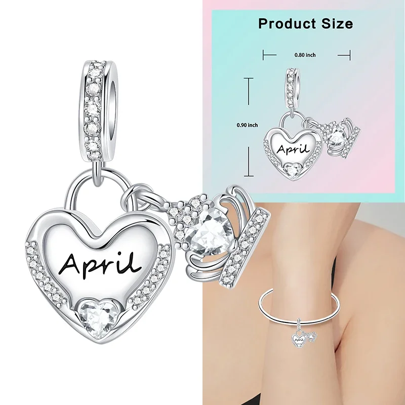 925 Sterling Silver 12 Months Birthstone Heart-shaped Beads Charms Fit Original Bracelet Charm Beads Necklace Diy Female Jewelry - Image 52