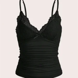 Sexy Contrast Lace Bow Front Crop Cami Top Women 2025 Summer Grunge Punk Y2K Clothes Ruched Skinny Backless Tee Shirt