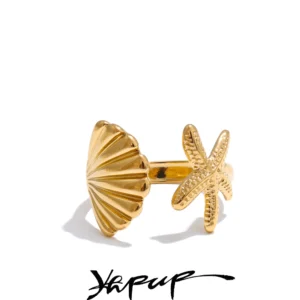 Yhpup Ocean Style Stainless Steel Metal Shell Starfish Adjustable Summer Ring for Women Beach Charm Finger Jewelry High Quality
