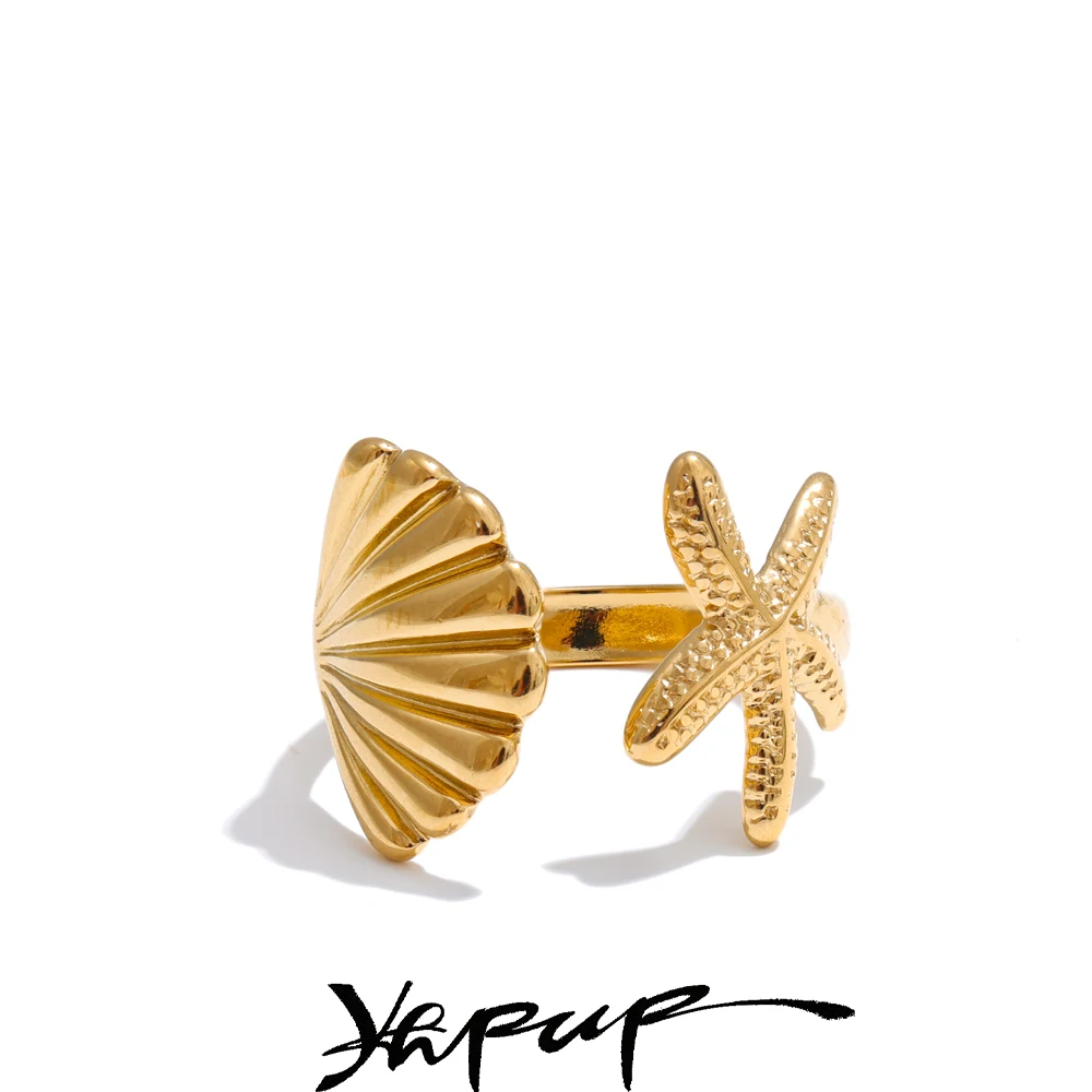 Yhpup Ocean Style Stainless Steel Metal Shell Starfish Adjustable Summer Ring for Women Beach Charm Finger Jewelry High Quality