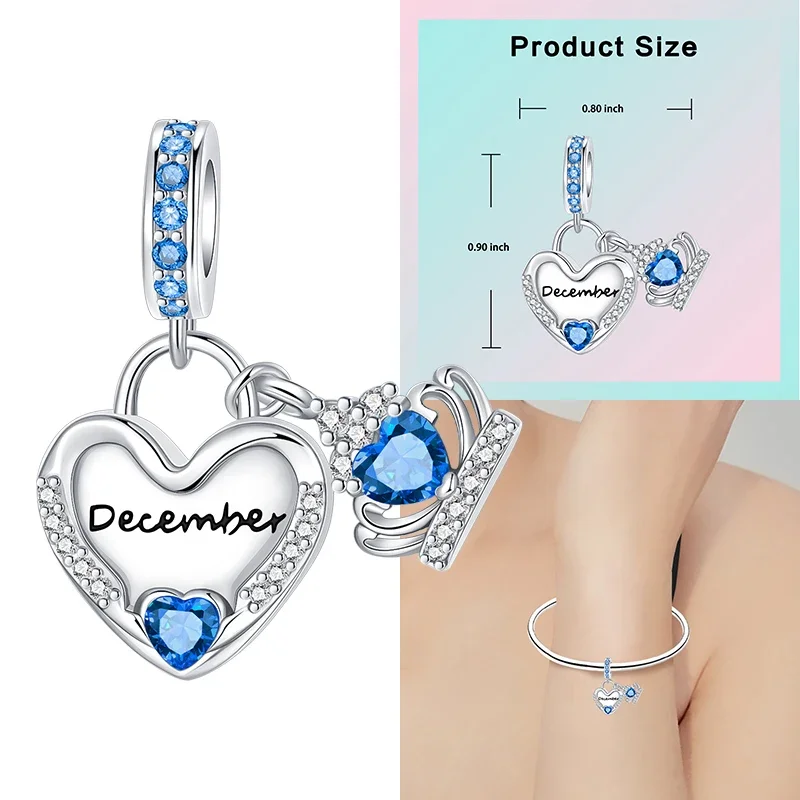 925 Sterling Silver 12 Months Birthstone Heart-shaped Beads Charms Fit Original Bracelet Charm Beads Necklace Diy Female Jewelry - Image 12