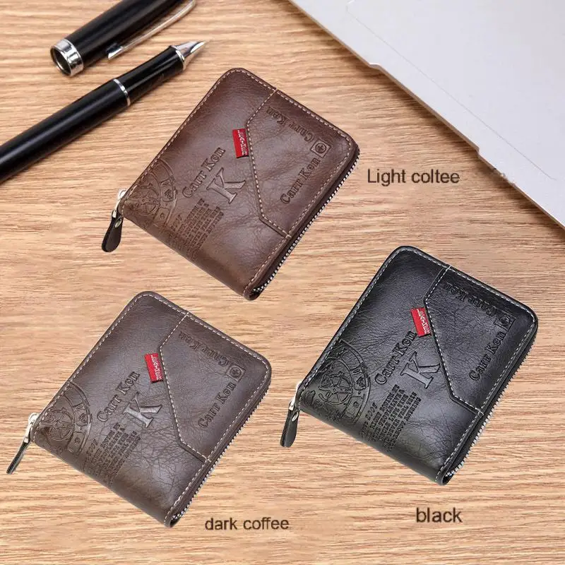 Men's PU Waxed Oil Leather Wallet Short Bifold Coin Purse with All-Around Zipper for Cash And Cards - Image 2