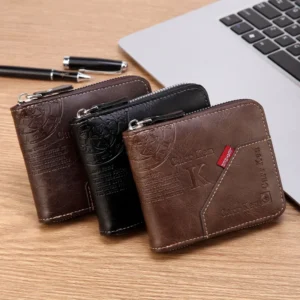 Men's PU Waxed Oil Leather Wallet Short Bifold Coin Purse with All-Around Zipper for Cash And Cards