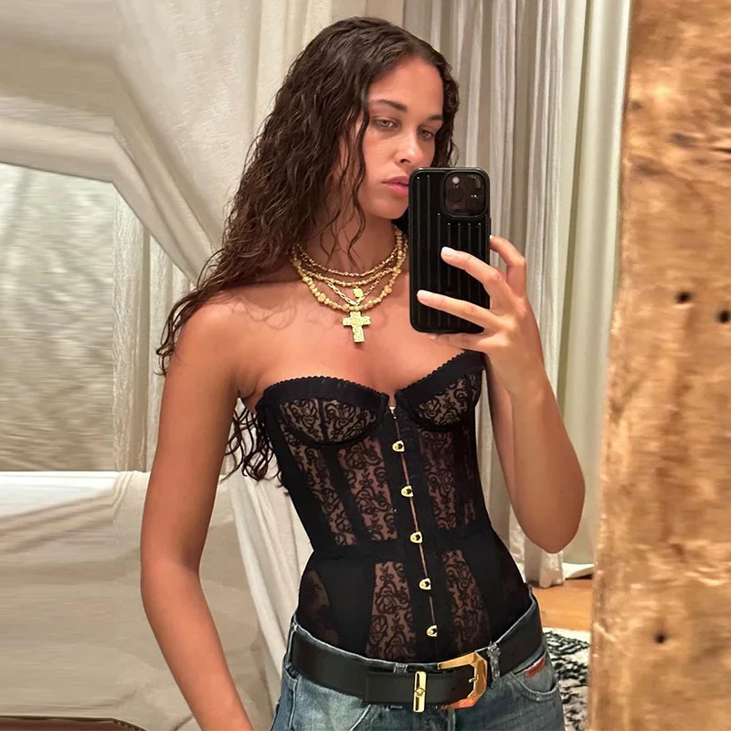 Sexy Slim Fit Corset Lace Hollow Out Sleeveless Strapless Top Lace Up Slim Fit Tops 2026 Summer Women Street Trendy Vest - Image 4