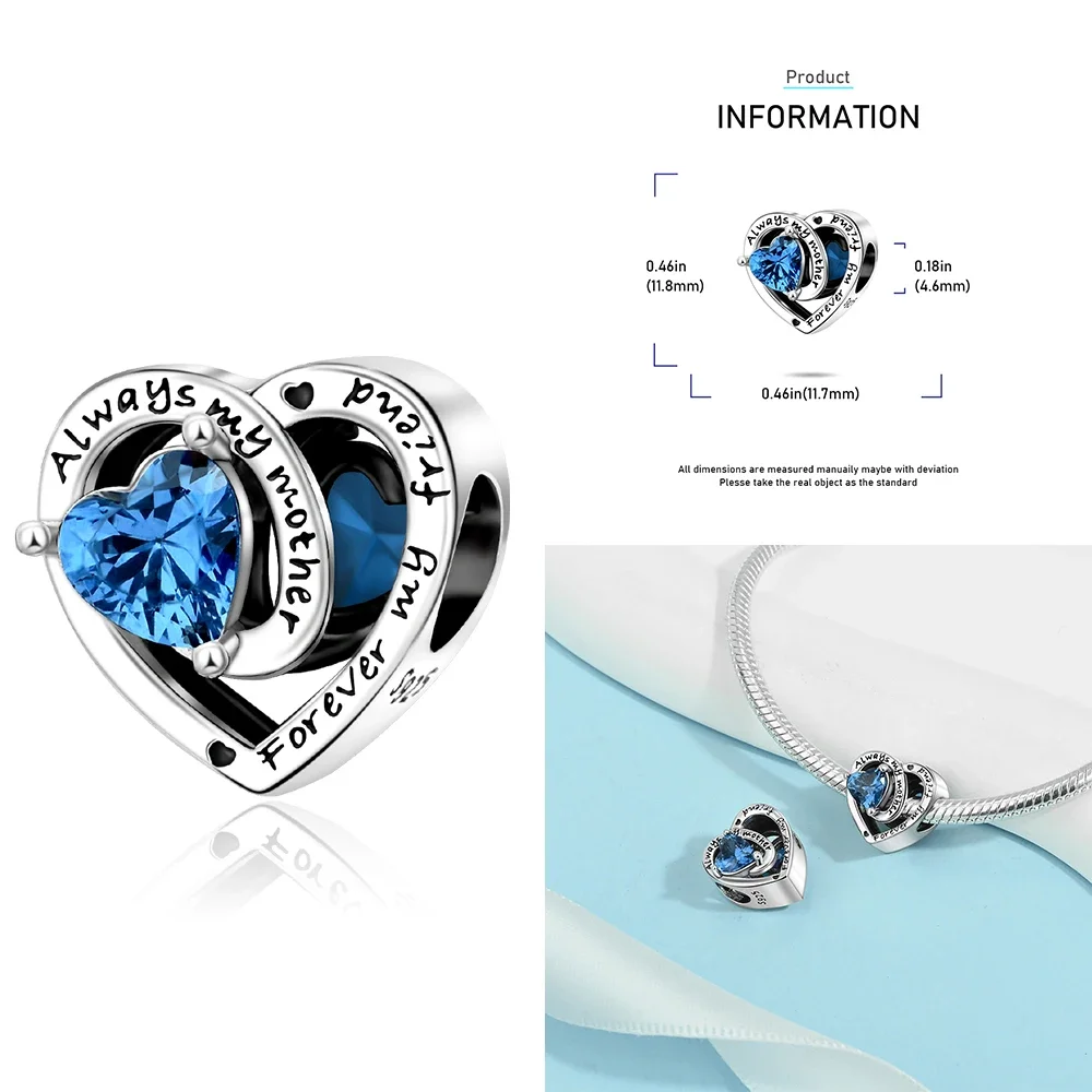 925 Sterling Silver 12 Months Birthstone Heart-shaped Beads Charms Fit Original Bracelet Charm Beads Necklace Diy Female Jewelry - Image 25