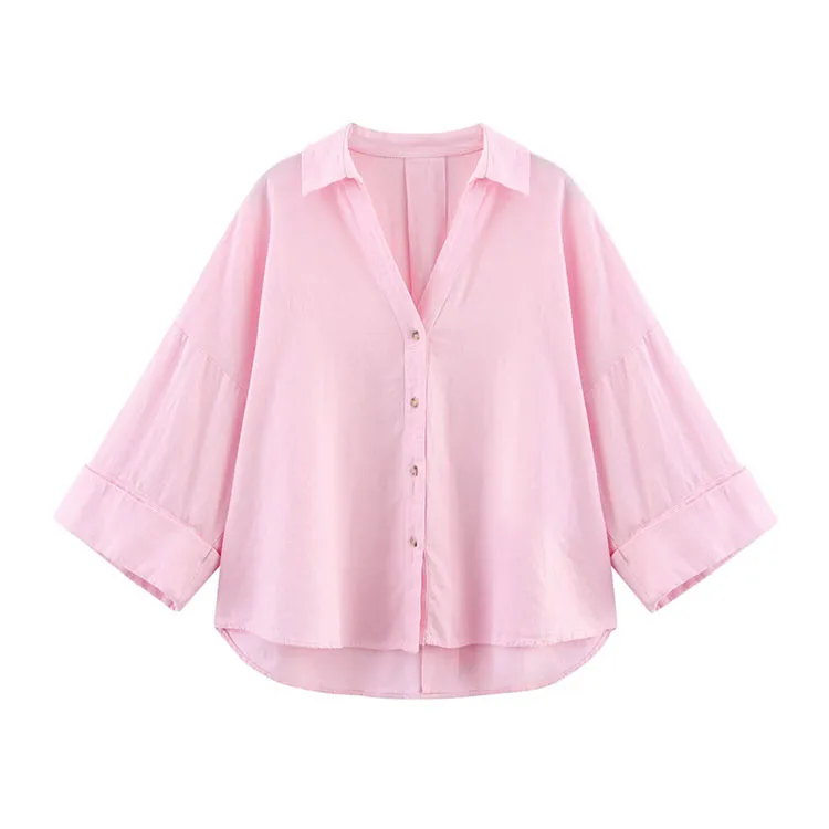 HipSeam Wide Sleeved Shirt Women Spring Asymmetric Hem Button Women's Shirts Simple Lady Johnny Collar Shirts & Blouses - Image 9