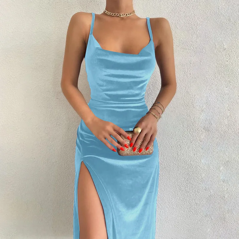Hugcitar Velvet Swing Collar Sleeveless Slip Sexy Slit Maxi Dress 2025 New Fashion Evening Party Women Elegant Streetwear Y2K - Image 11