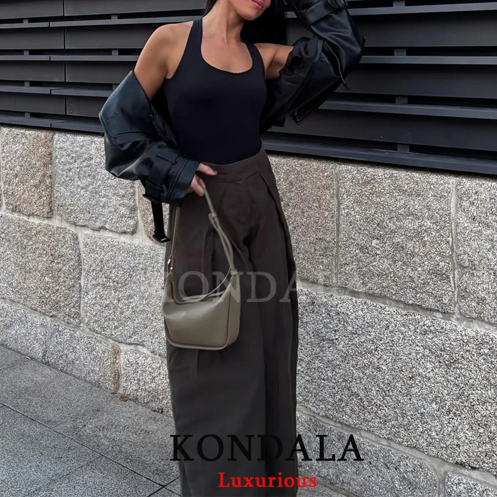 KONDALA Casual Chic Wide Leg Pants Women Office Lady Pockets Pleated Long Trousers Fashion 2026 Spring Summer Streetwear Pants - Image 2
