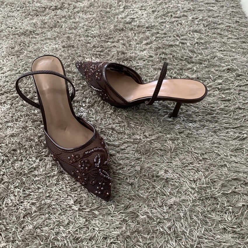 2026 String Bead Mesh Embroider Slingback High Heels Women Sexy Pointed Toe Heeled Sandals Summer Elegant Luxury Designer Shoes - Image 2
