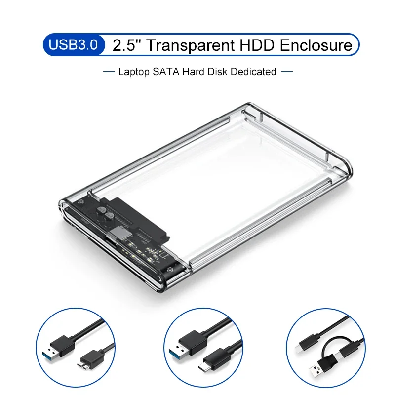 3.0/3.1 HDD Enclosure 2.5inch SATA SSD Hard Drive Case with 5Gbps Transfer Speed and Transparent Design Mobile External Housing