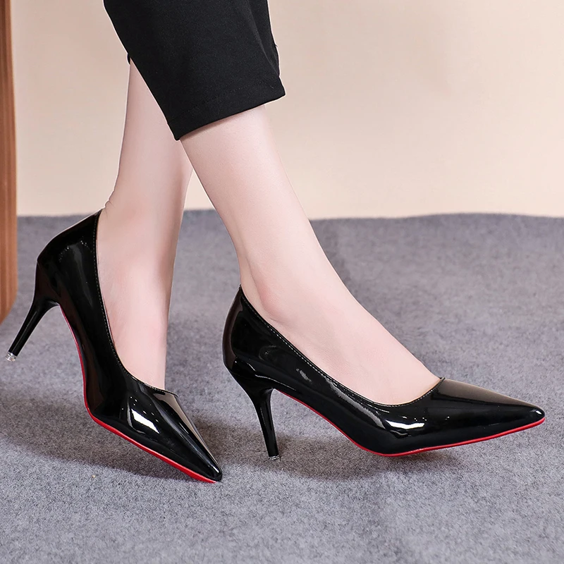 Sexy Pointed Toe Patent Leather High Heels Temperament Girl Red Sole Party Dress Stiletto Pumps Classic Black Work Single Shoes - Image 3