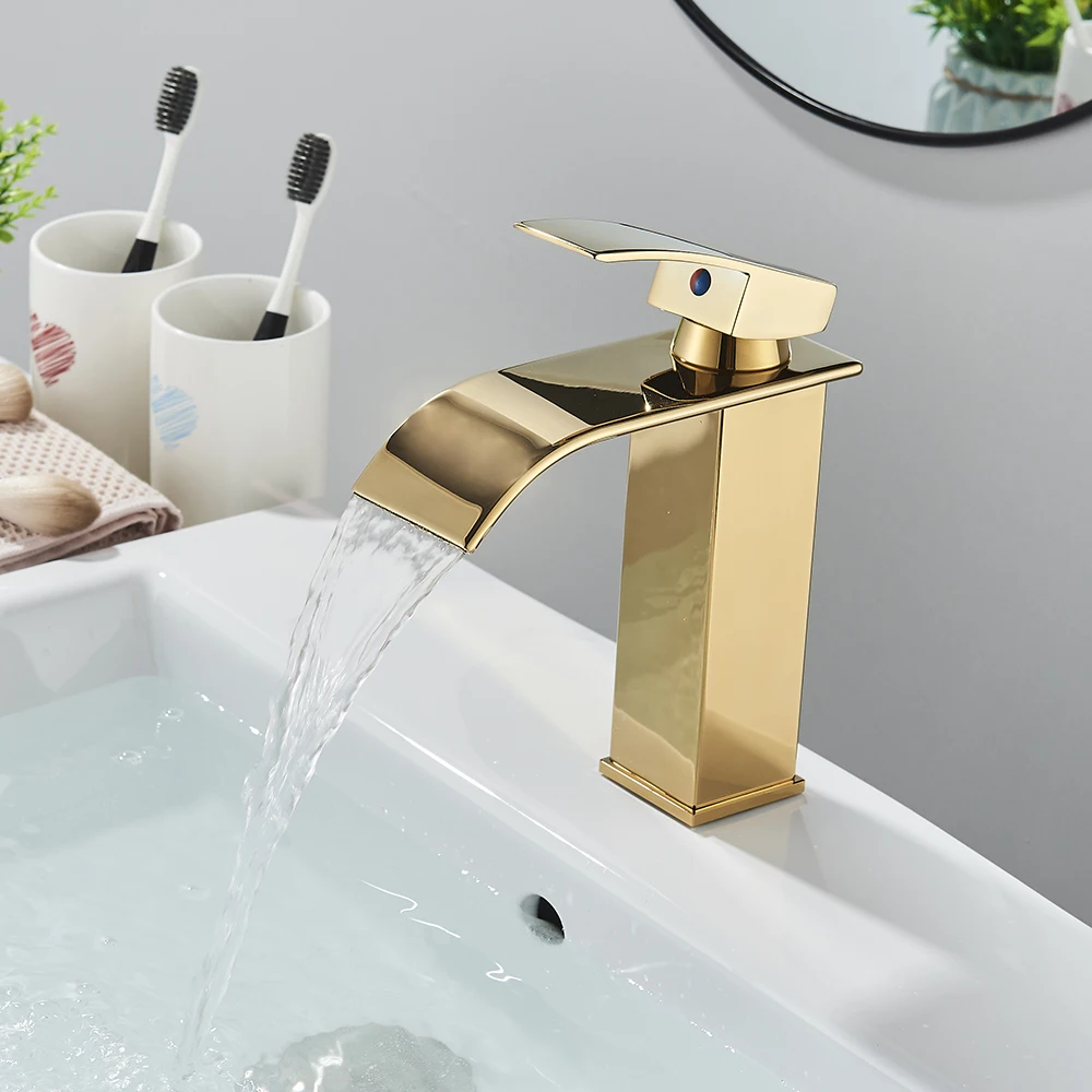 Brushed Golden Basin Faucets Elegant Waterfall Bathroom Sink Faucet Single Lever Hole Deck Mount Brass Mixer Taps - Image 5