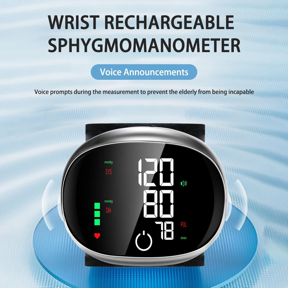 Digital Wrist Blood Pressure Meter Automatic Voice Tonometer Heart Rate Monitor Smart Touch LCD Screen Charge Sphygmomanometer