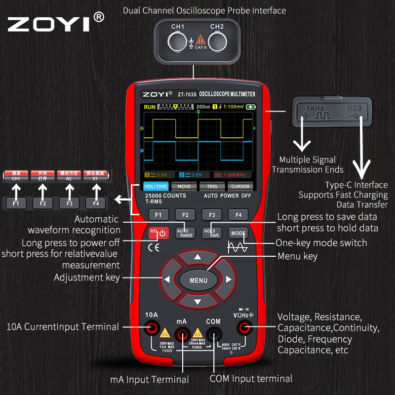 ZT-703S 3 in 1 Handheld Oscilloscope Automotive Dual Channel 50MHz with Digital Multimeter and Signal Generator Tester - Image 4
