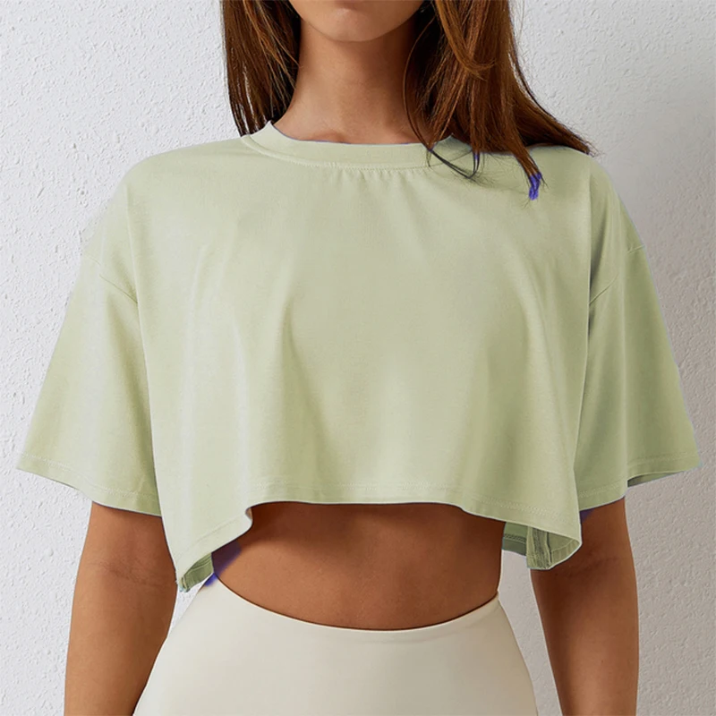 Cotton Women Short Sleeve Dance Running Clothes Yoga Fitness Crop Top Navel Baring New Sport T-shirt Loose Gym Workout Shirts - Image 11