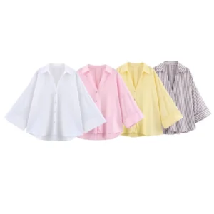 HipSeam Wide Sleeved Shirt Women Spring Asymmetric Hem Button Women's Shirts Simple Lady Johnny Collar Shirts & Blouses