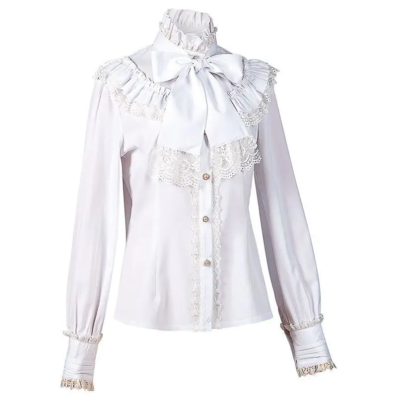Women's Vintage Ruffle Collar Shirt 2026 Spring New Arrival High Neck Lace Trim Button Down Shirt Elegant Gothic Blouse Tops - Image 4