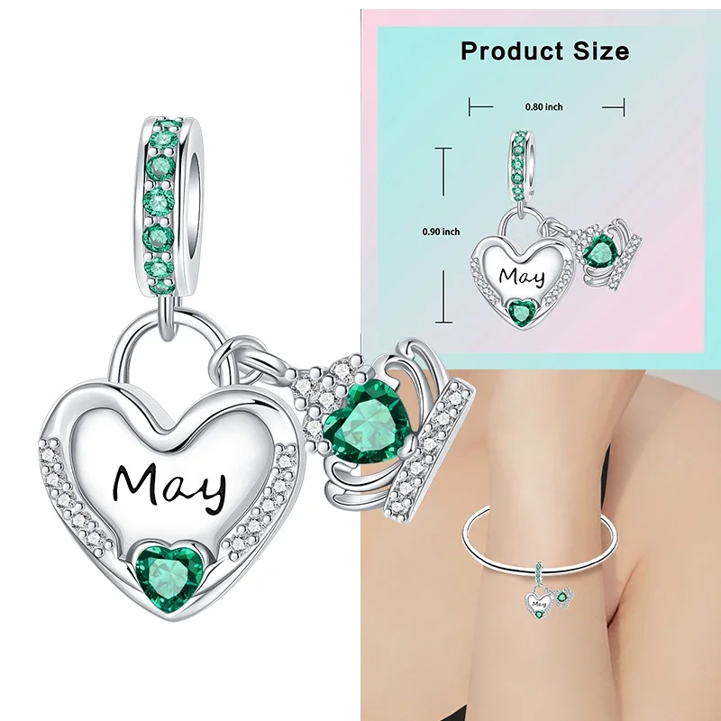 925 Sterling Silver 12 Months Birthstone Heart-shaped Beads Charms Fit Original Bracelet Charm Beads Necklace Diy Female Jewelry - Image 51