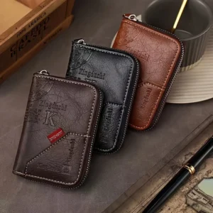 ​​Vintage PU Leather Slim Wallet - Zipper RFID Blocking 11-Slot Card Holder, Retro Style Gift for Men & Women, Classic Design​