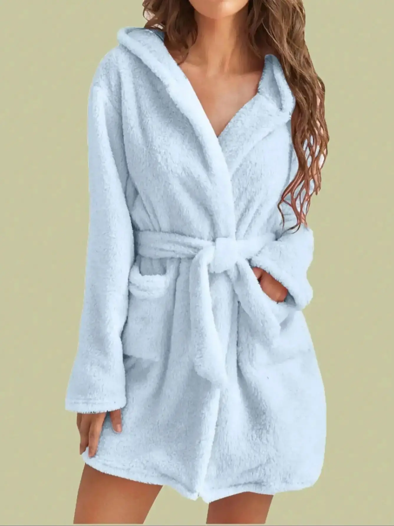 1 piece of women's solid color hooded robe with belt, cozy and warm fleece pajamas for home wear in autumn and winter. - Image 9