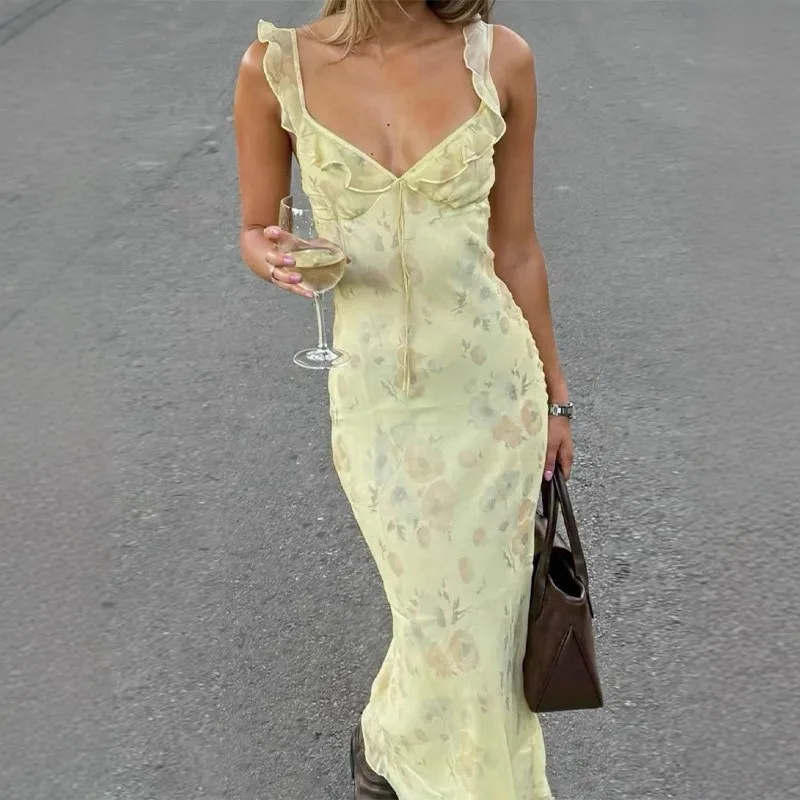 Summer Flower Printed Women's Sexy Low-cut Dress Sleeveless Backless Slim Sling Dresses 2025 Beach Vacation Lady Vestidos