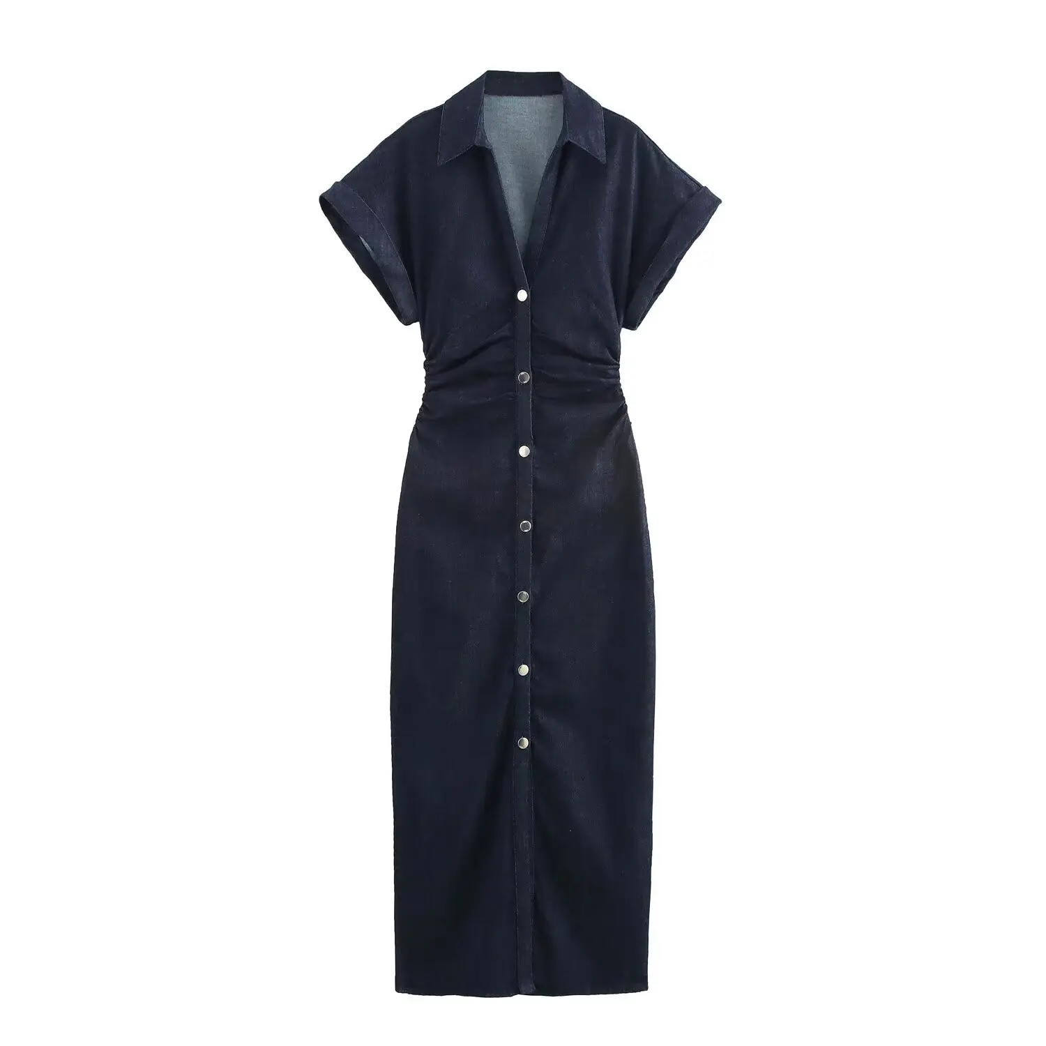 ETJ 2025 Spring New 1975 series denim MIDI dress with lapel side zipper fashion wrinkle waist slim elegant dress - Image 8