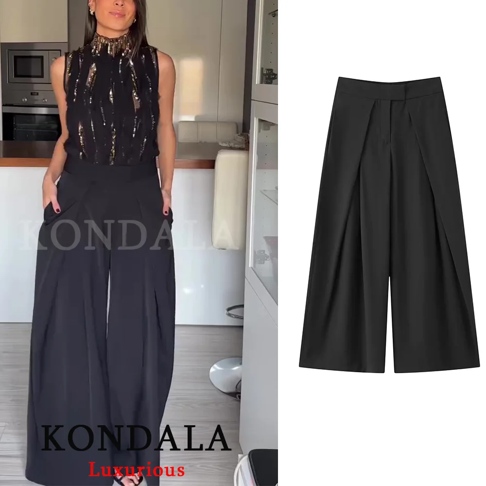 KONDALA Casual Chic Wide Leg Pants Women Office Lady Pockets Pleated Long Trousers Fashion 2026 Spring Summer Streetwear Pants - Image 8