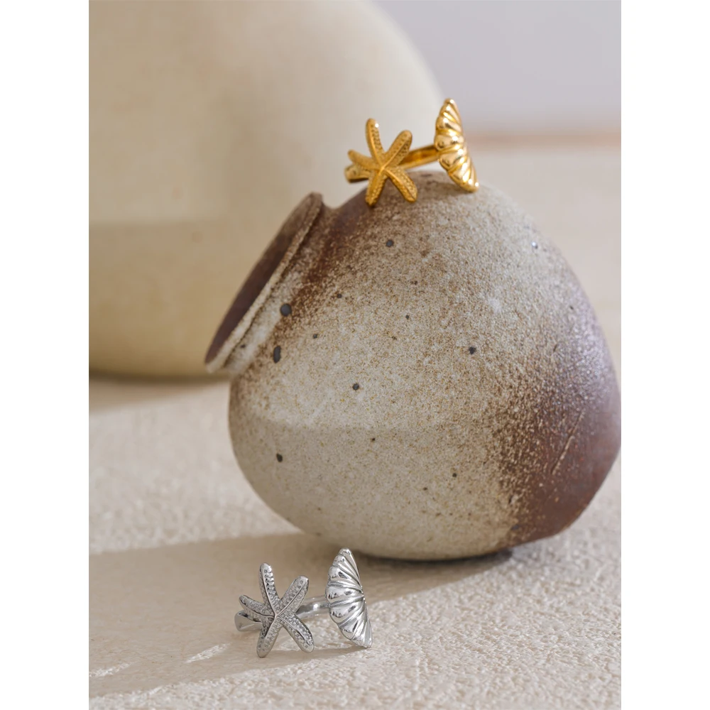 Yhpup Ocean Style Stainless Steel Metal Shell Starfish Adjustable Summer Ring for Women Beach Charm Finger Jewelry High Quality - Image 4