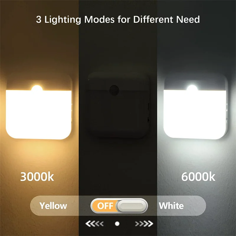 PIR Motion Sensor LED Night Light USB Rechargeable Withswitch Night Lamp for Bedroom Kitchen Cabinet Light Wireless Closet Light - Image 4