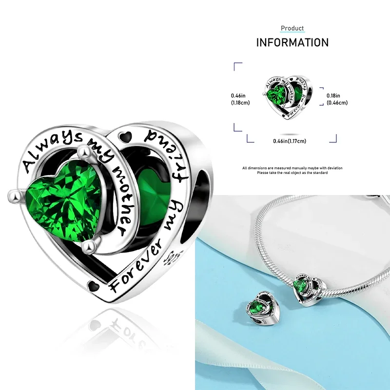 925 Sterling Silver 12 Months Birthstone Heart-shaped Beads Charms Fit Original Bracelet Charm Beads Necklace Diy Female Jewelry - Image 27