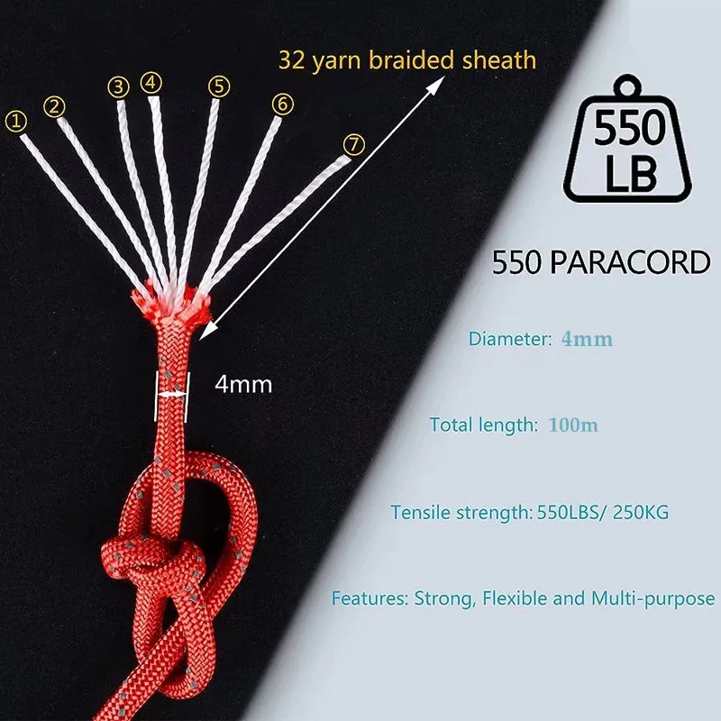 Reflective Paracord Military 7 Strand 4mm 550 Tactical Parachute Cord Camping Tent Lanyard DIY Bracelet Weaving Rope - Image 2